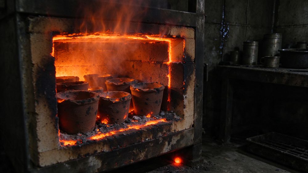 Crucibles glowing inside an assay furnace
